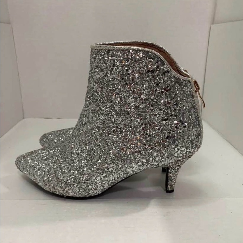Silver Glitter Pointed Toe Ankle Boots Slim Kitten Heel Gold Zip Women’s Size 8